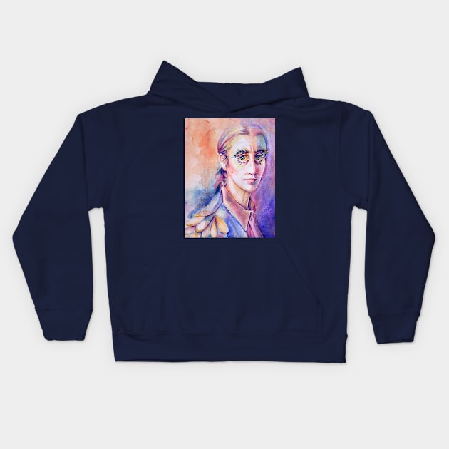 Bird Person Watercolor Portrait Kids Hoodie by Hoda Hefzy 